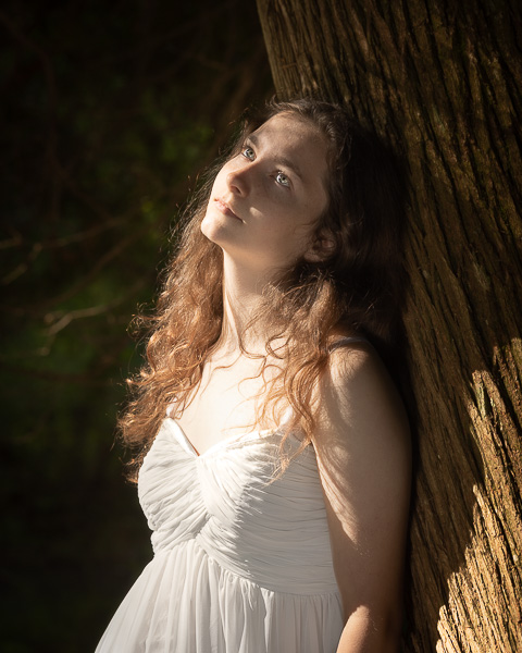 A senior portrait of a girl in a white dress leaning against a shaded tree